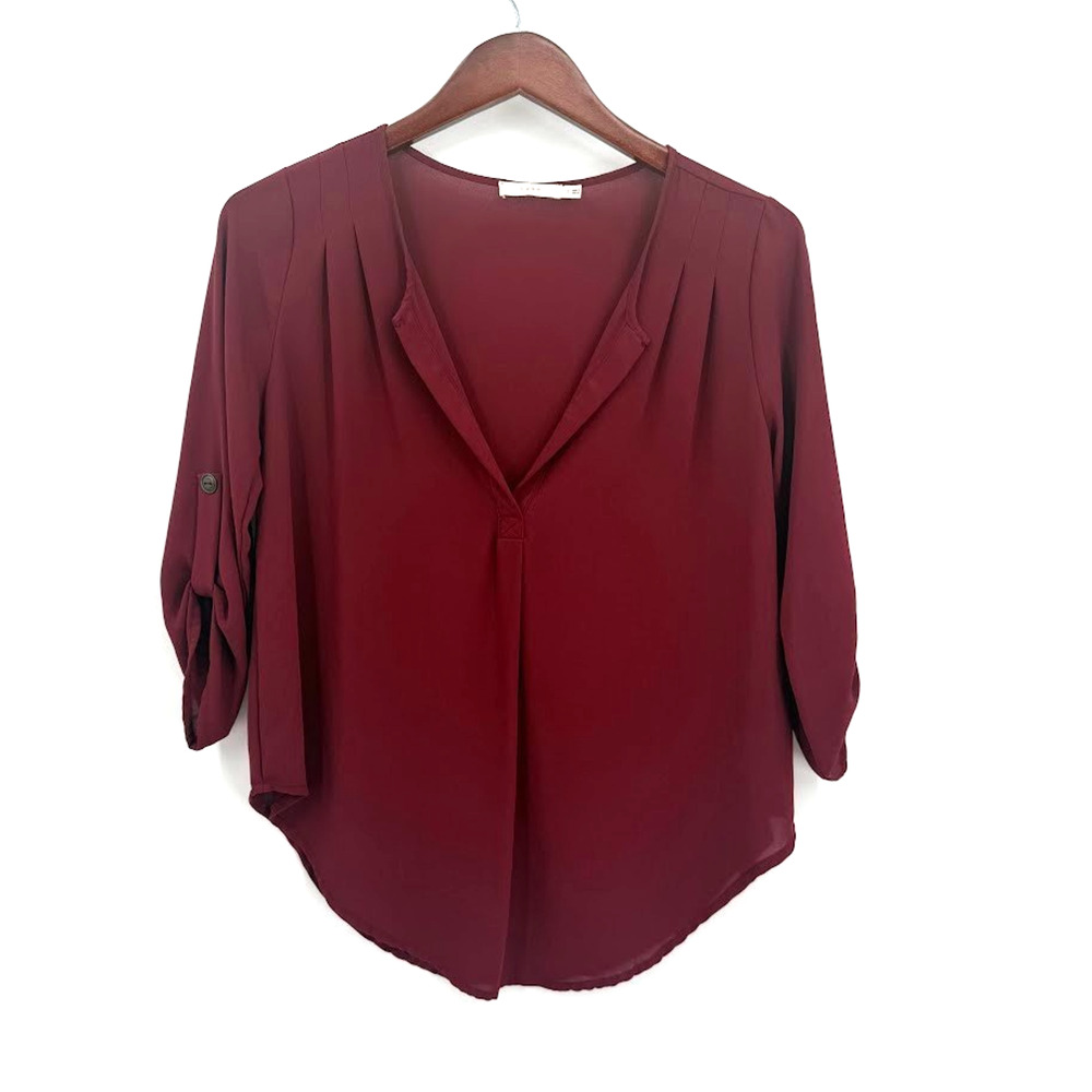 LUSH Womens Small Burgundy V Neck Blouse Roll Tab 3/4 Sleeve Pleated Top